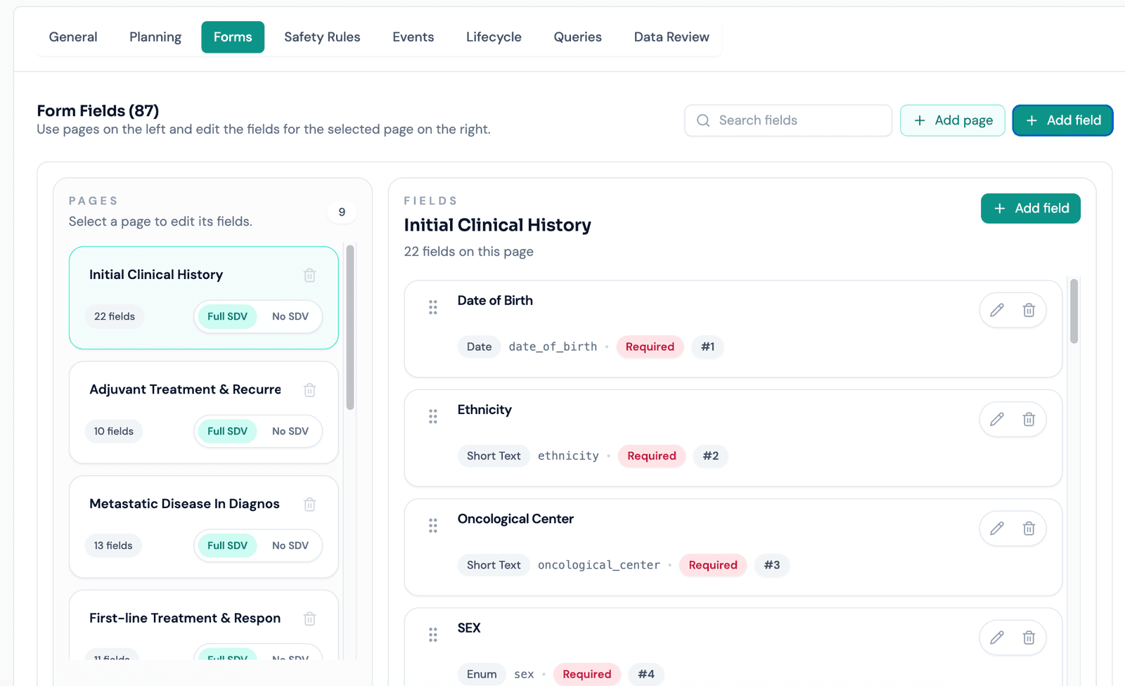 Arion Study Builder with pages and structured form fields.
