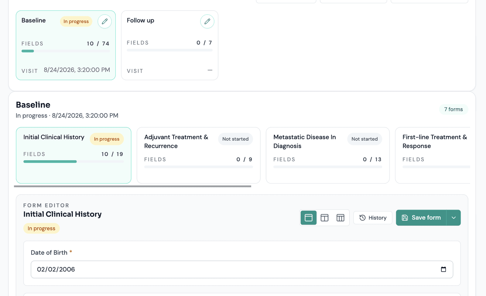 Arion patient casebook showing a clinical visit form.