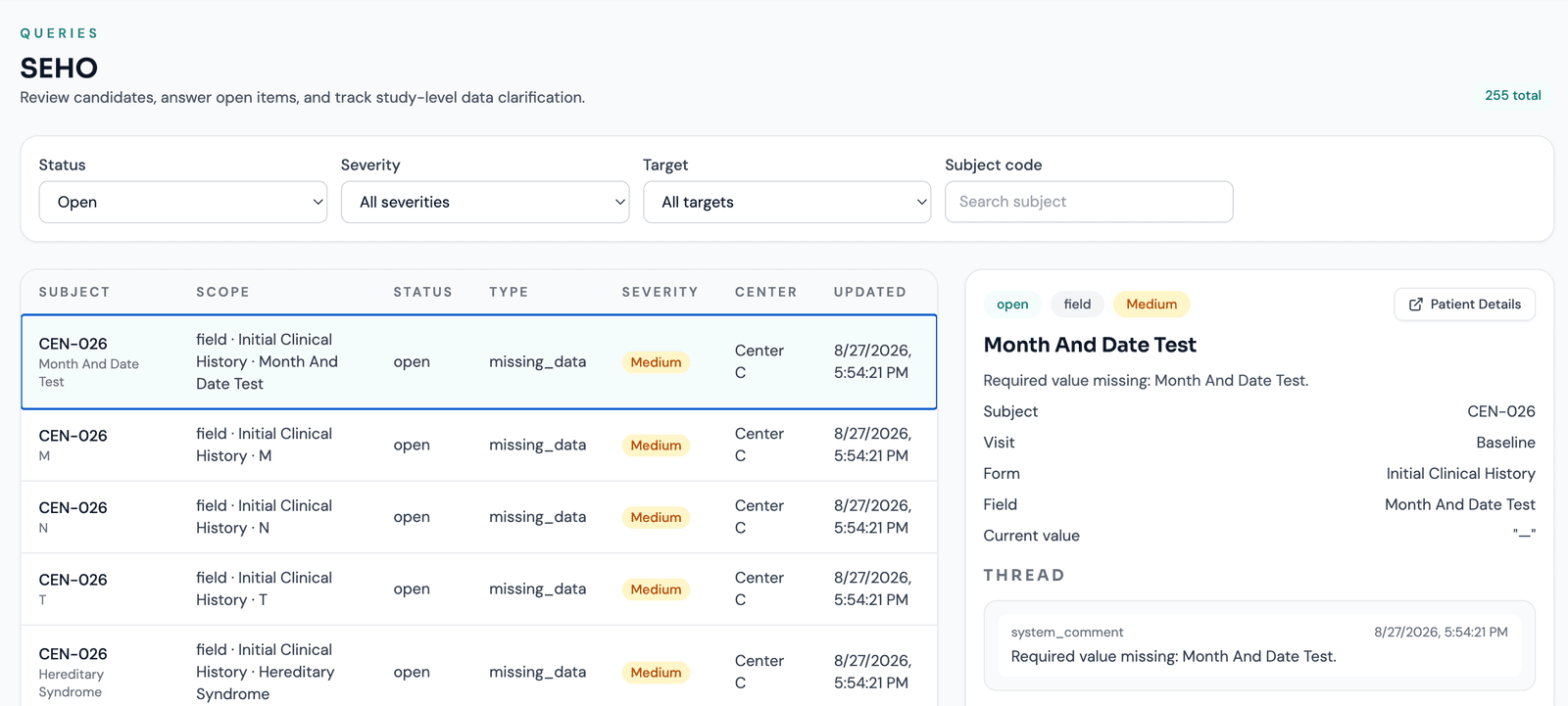 Arion Queries workspace showing a study query list and its contextual conversation.
