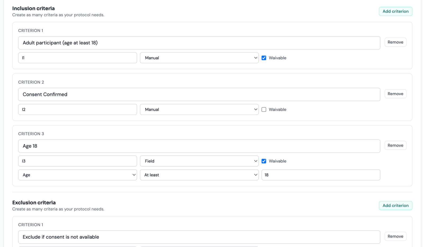 The shared criteria editor, with Inclusion criteria and Exclusion criteria as two sections of one editor. Each criterion carries its text, a code, an evaluation mode and a waivable checkbox; the criterion in Field mode adds a field picker, an operator and a comparison value.