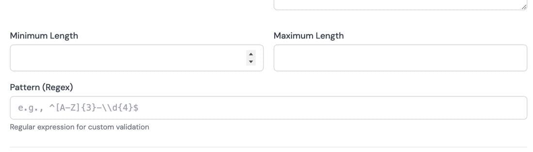 Defining field validation rules in the form builder.