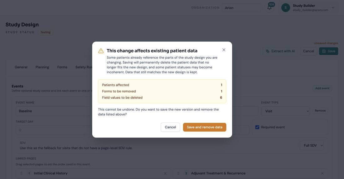 Impact confirmation modal for changes affecting existing patients.