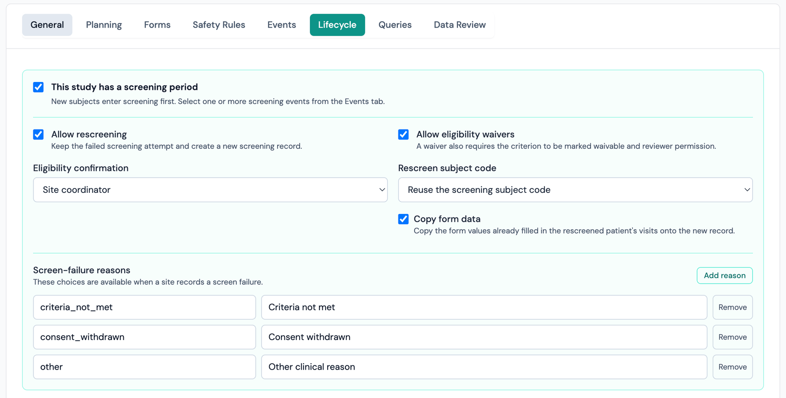The Lifecycle tab with the screening period enabled: checkboxes for allow rescreening and allow eligibility waivers, an eligibility confirmation selector, a rescreen subject code selector with a copy form data option, and a screen-failure reason list of code and label pairs.