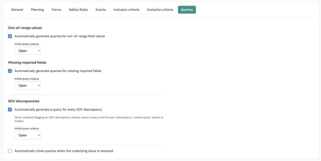 The Study Design Queries settings tab.