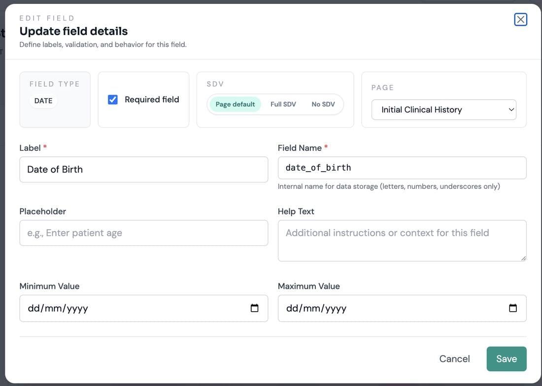 Field-level SDV strategy in the field editor.