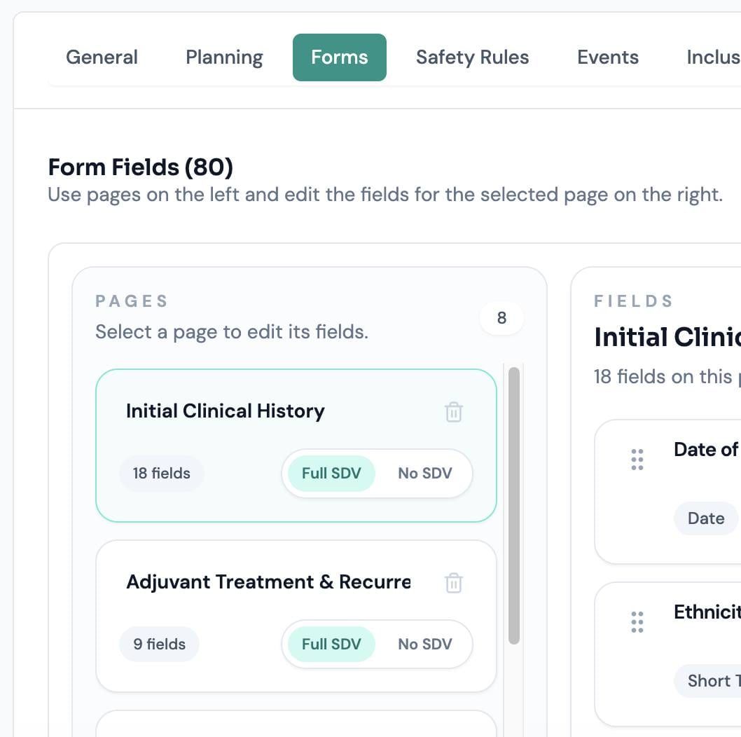 Page-level SDV strategy in the Forms tab.