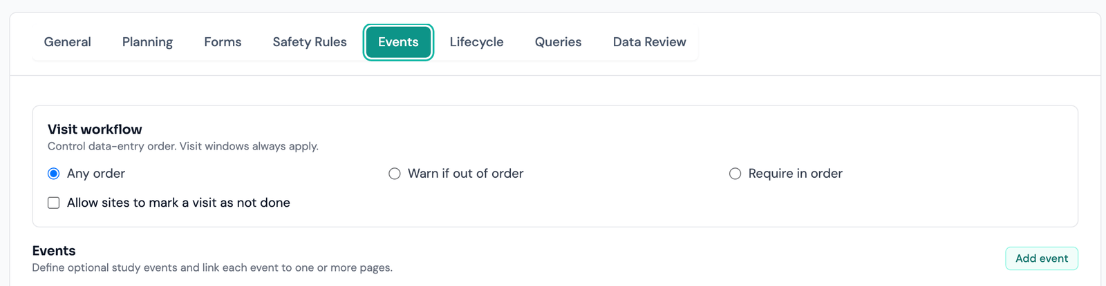 The Visit workflow card at the top of the Events tab, offering three mutually exclusive order modes — Any order, Warn if out of order, and Require in order — under the note that visit windows always apply.