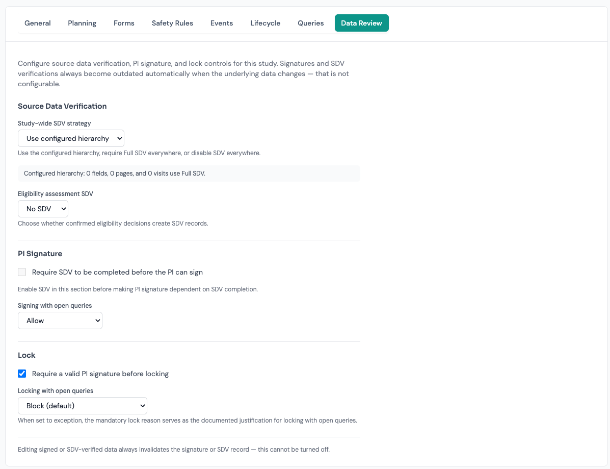 Study Design Data Review tab showing signature and lock policy settings.