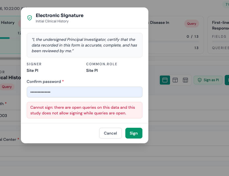 PI signature readiness state showing the effect of pending SDV or open queries.