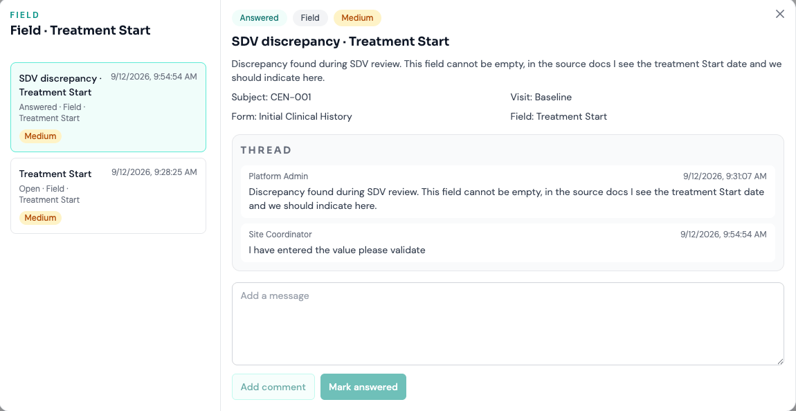 Site user responding to a query linked to an SDV discrepancy.