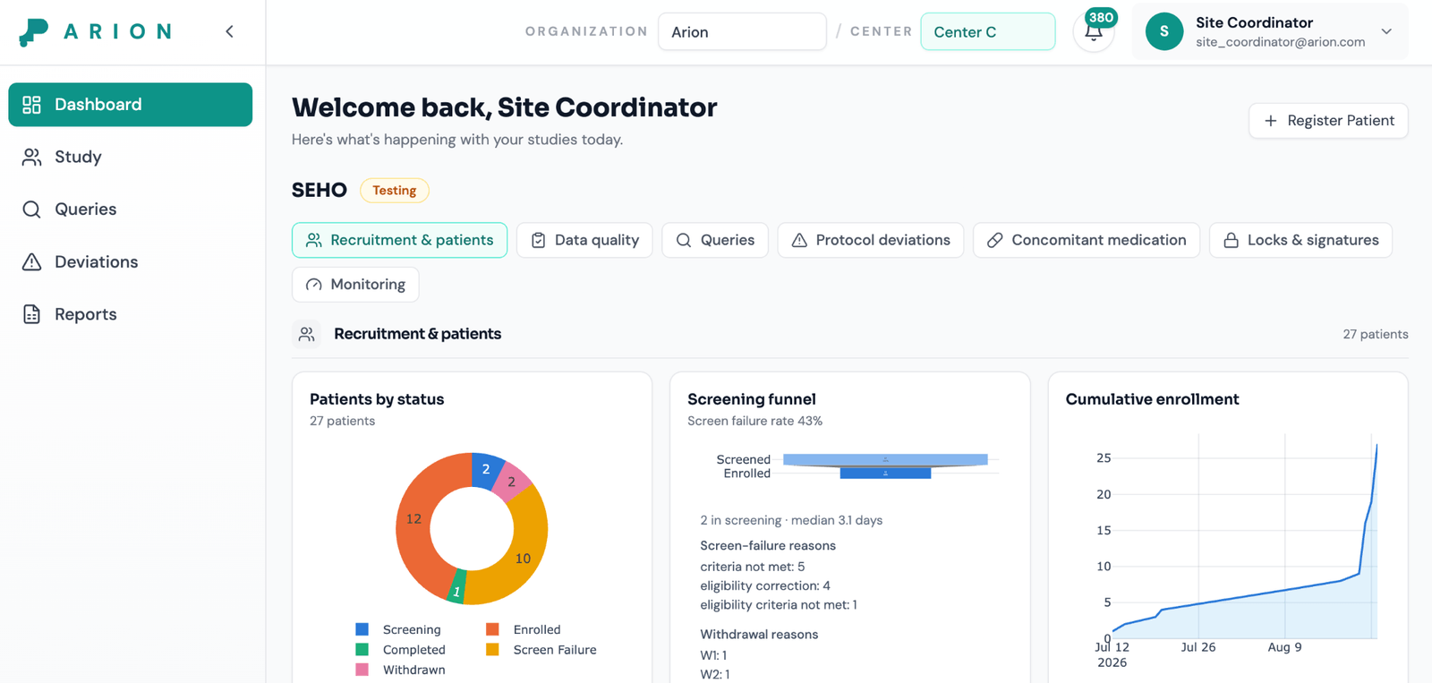 The Arion Study Dashboard showing progress charts and review indicators.
