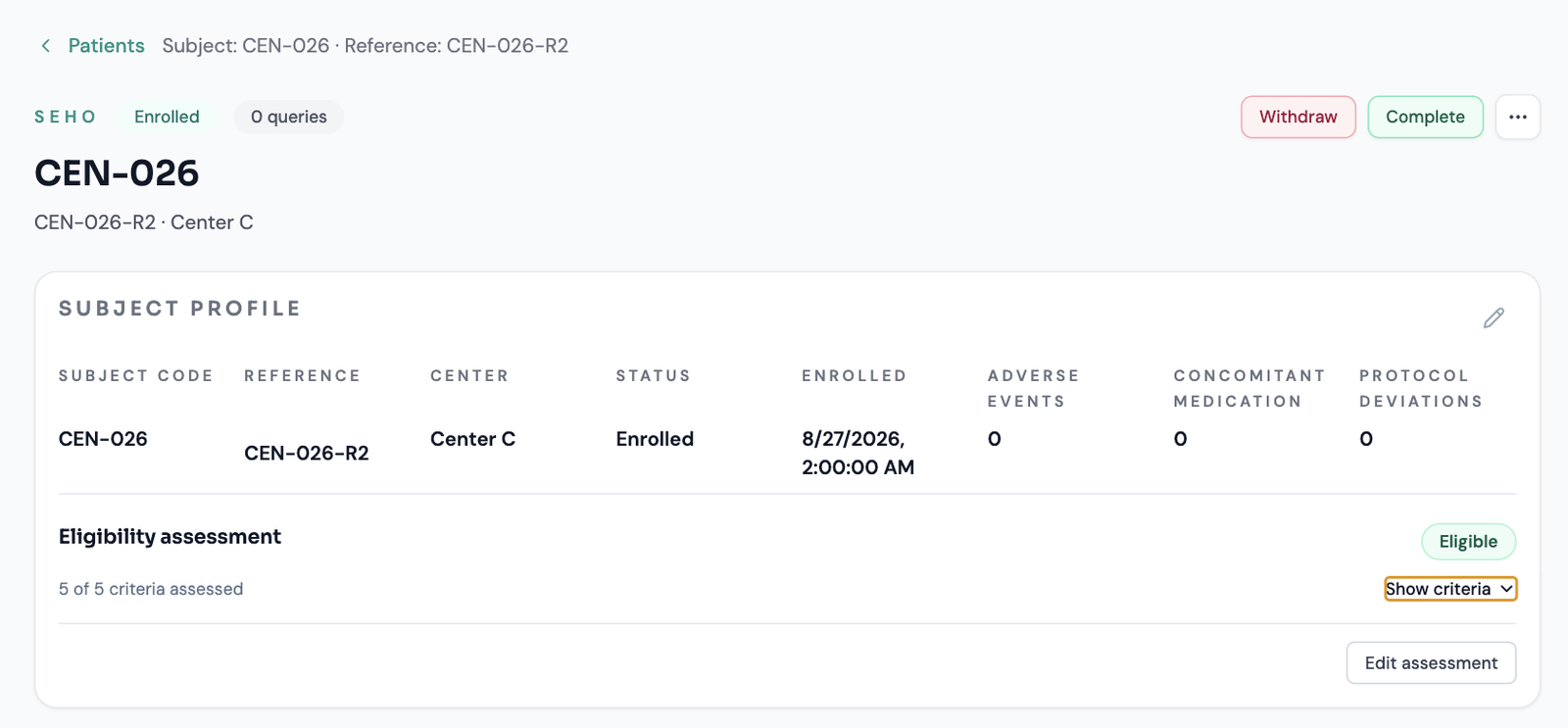 Patient detail screen with the subject profile header.