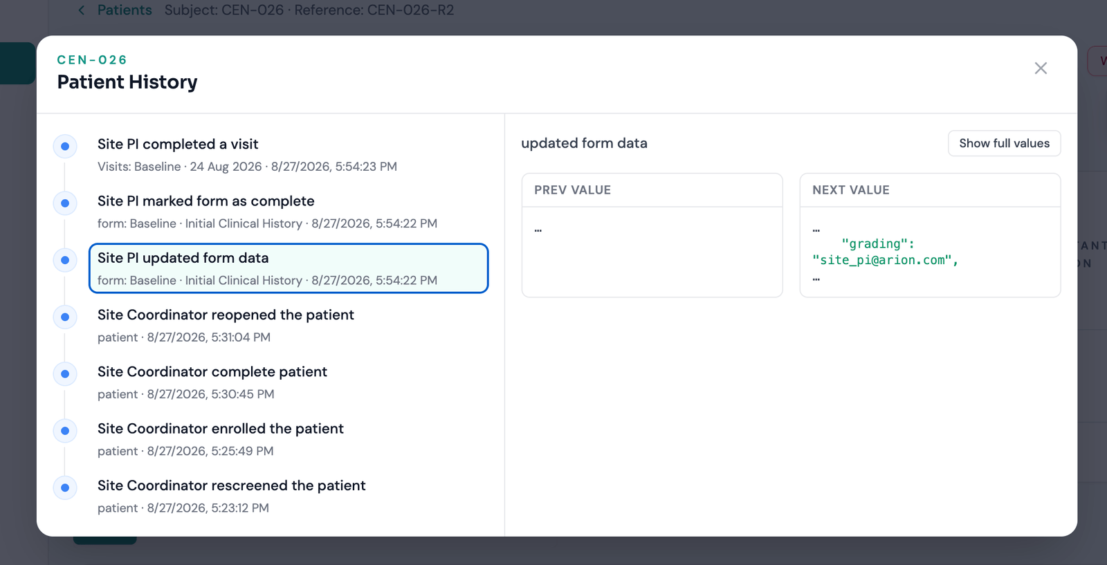The Patient History panel for a subject: a timeline of entries, each naming the role that acted, the target and the timestamp — rescreened, enrolled, completed, reopened, form data updated, form marked complete, visit completed. The selected entry shows its previous and next values side by side.