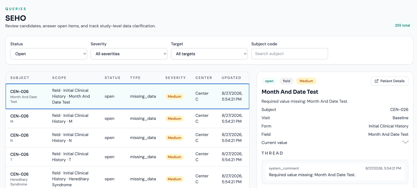 The study-wide Queries workspace: filters for status, severity, target and subject code above a list showing each query's subject, scope, status, type, severity, center and last update; the pane on the right shows the selected query's target breakdown, current value and message thread.