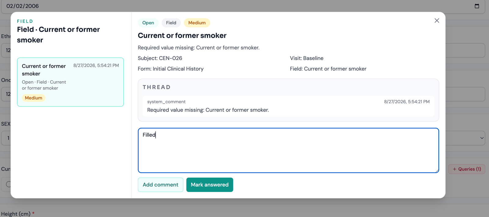 A query opened from the casebook: the field it targets on the left, and on the right its status, severity, the subject, visit, form and field it refers to, the message thread, a reply being typed, and the Add comment and Mark answered buttons.