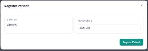The Register patient dialog with external reference and center selection.