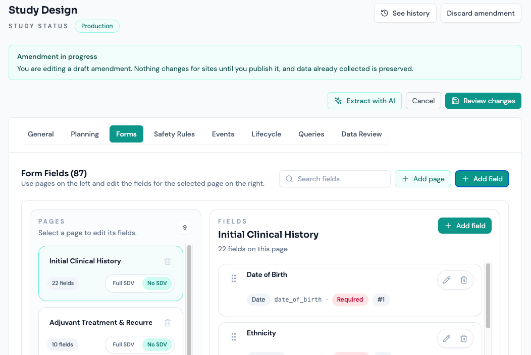 The Study Builder in amendment mode: a teal Amendment in progress banner stating that nothing changes for sites until the amendment is published and that collected data is preserved, the form fields editable again, and Review changes and Discard amendment actions available.